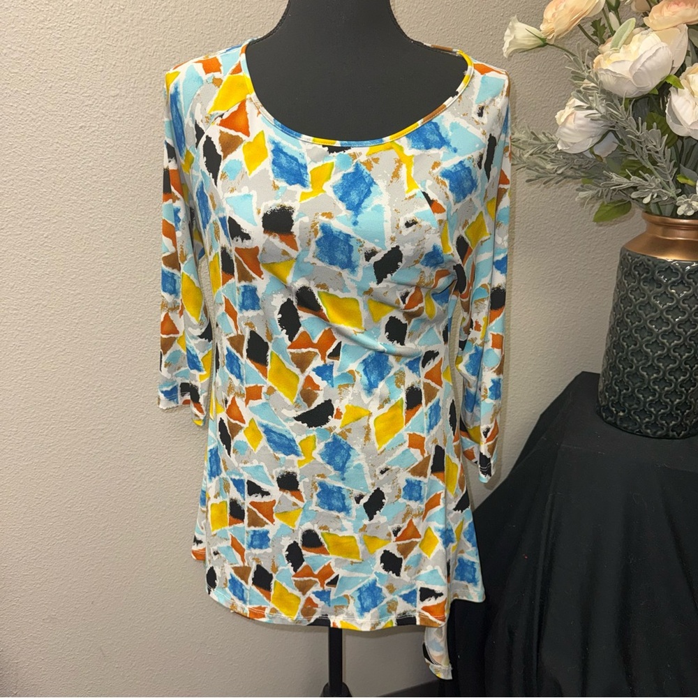 Chaus Abstract Tunic Top 3/4 Sleeve Multicolor Stretch Jersey M